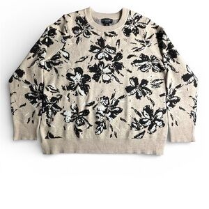 Cynthia Rowley Woman 1X Floral Knit Sweater Beige Black Crewneck Plus Size